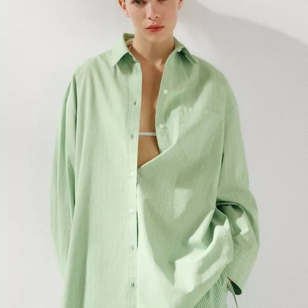 Zara, Light Green Button Down Oversized Cotton Poplin Shirt, XS, NWT